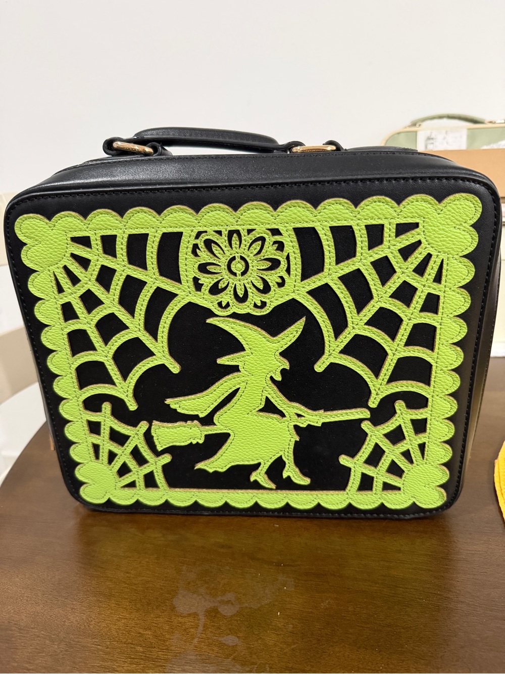 Black Crossbody Bag with Neon Green Witch Applique